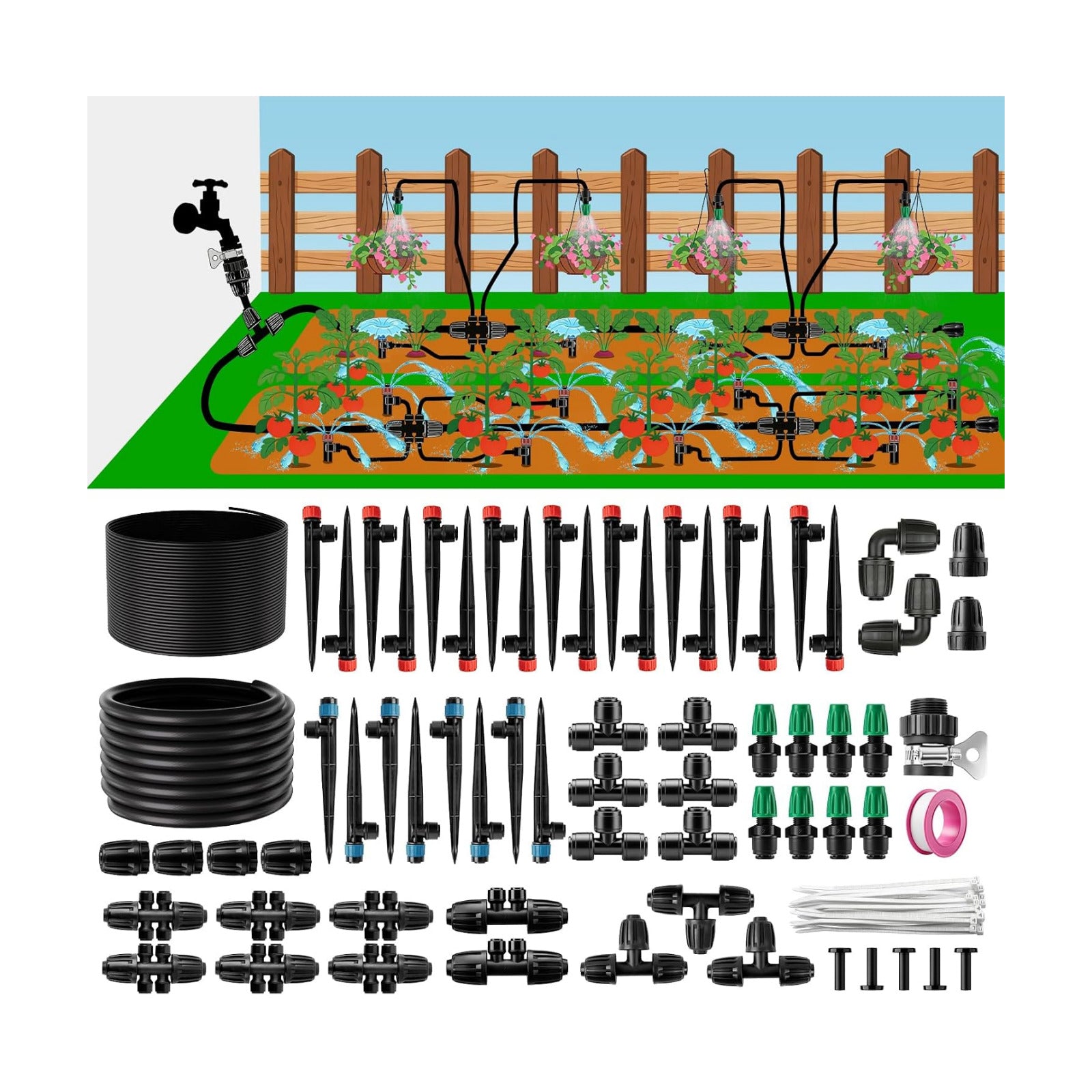 LP 240FT Drip Irrigation System Kit, Garden Watering Misting System - 40FT 1/2" Main Tube & 200FT 1/4" Distribution