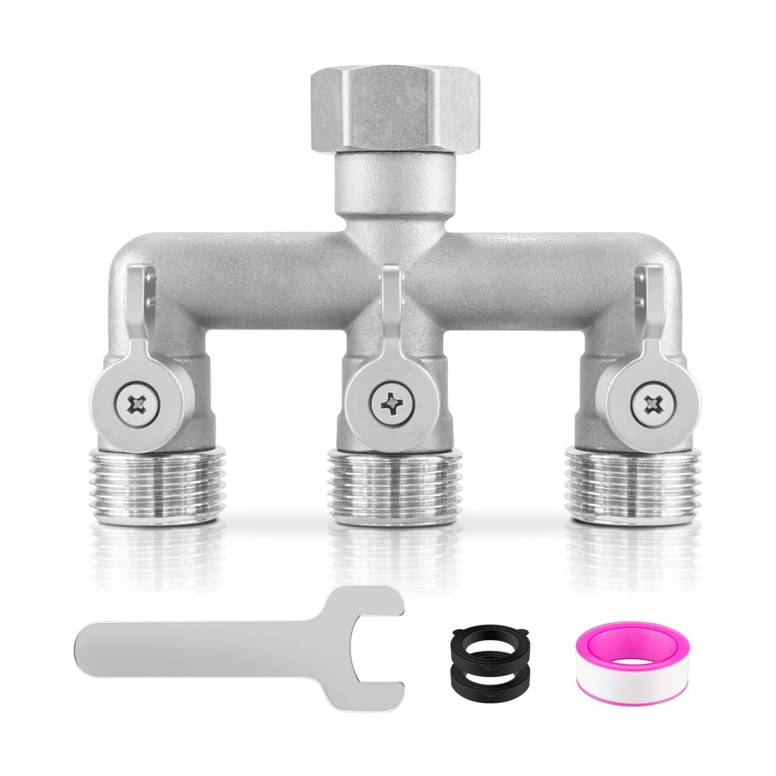 304 Stainless Steel 3 Way Garden Hose Splitter, Heavy Duty Hose Bib Splitter with 3 Shut Off Valves, High Flow Outdoor