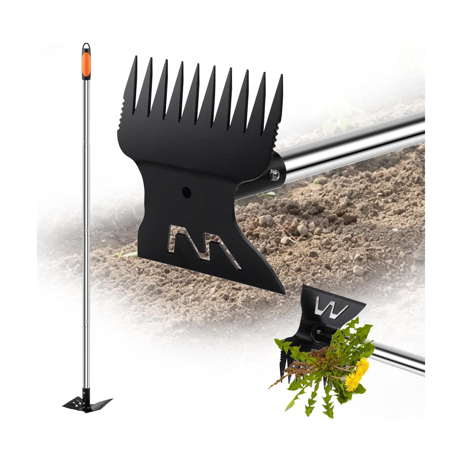 Larger Weed Puller Tool with Long Handle, 2-in-1 Heavy Duty Weed Rake & Hoe | 10 Teeth Weeding Rake, 57" Long Handle