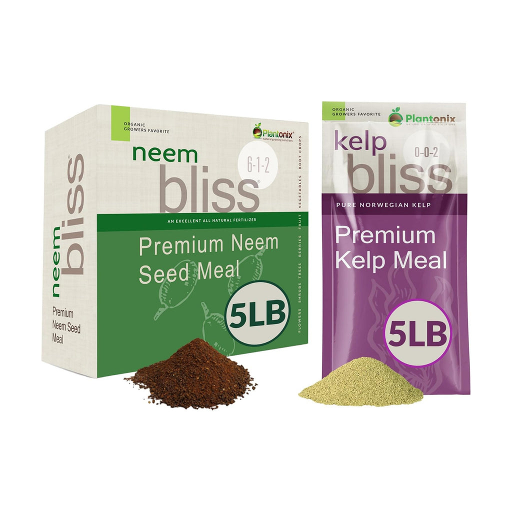 Kelp Bliss (5lbs) + Neem Bliss (5lbs) - Kelp Meal Organic Fertilizer & Neem Cake for Plants - Kelp Fertilizer for