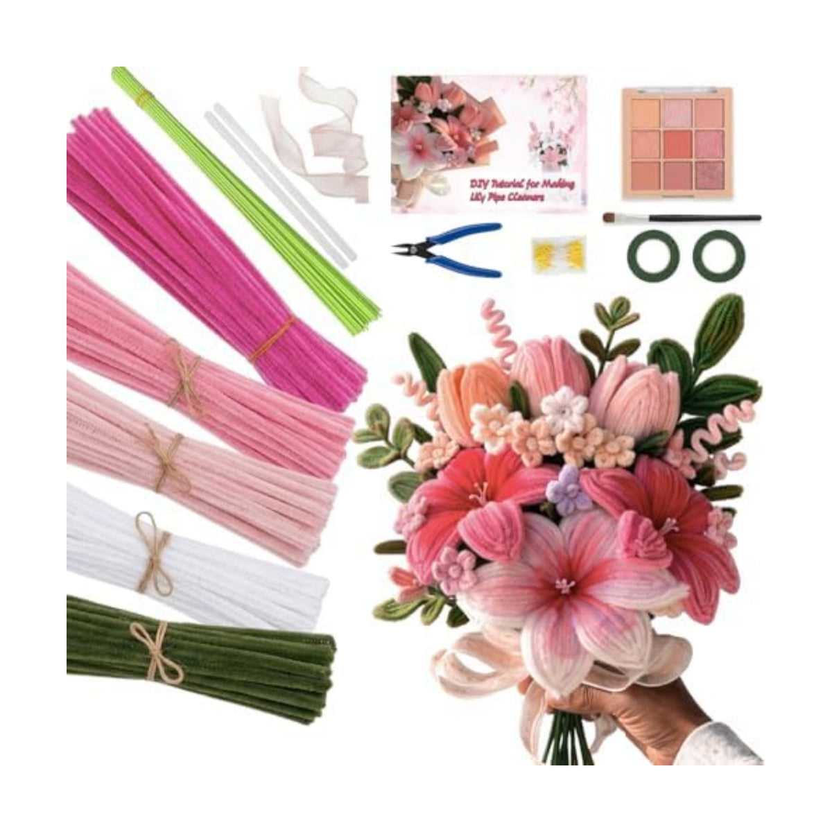 Eywwuu 540 Pcs Pipe Cleaner Flower Kit, DIY Flower Bouquet Making Kit with 5 Pastel Chenille Stem Colors, 30 Floral Stems, Tape, Stamen, Glue Sticks, Pliers and Brush for Rose Tulip Lily Crafts