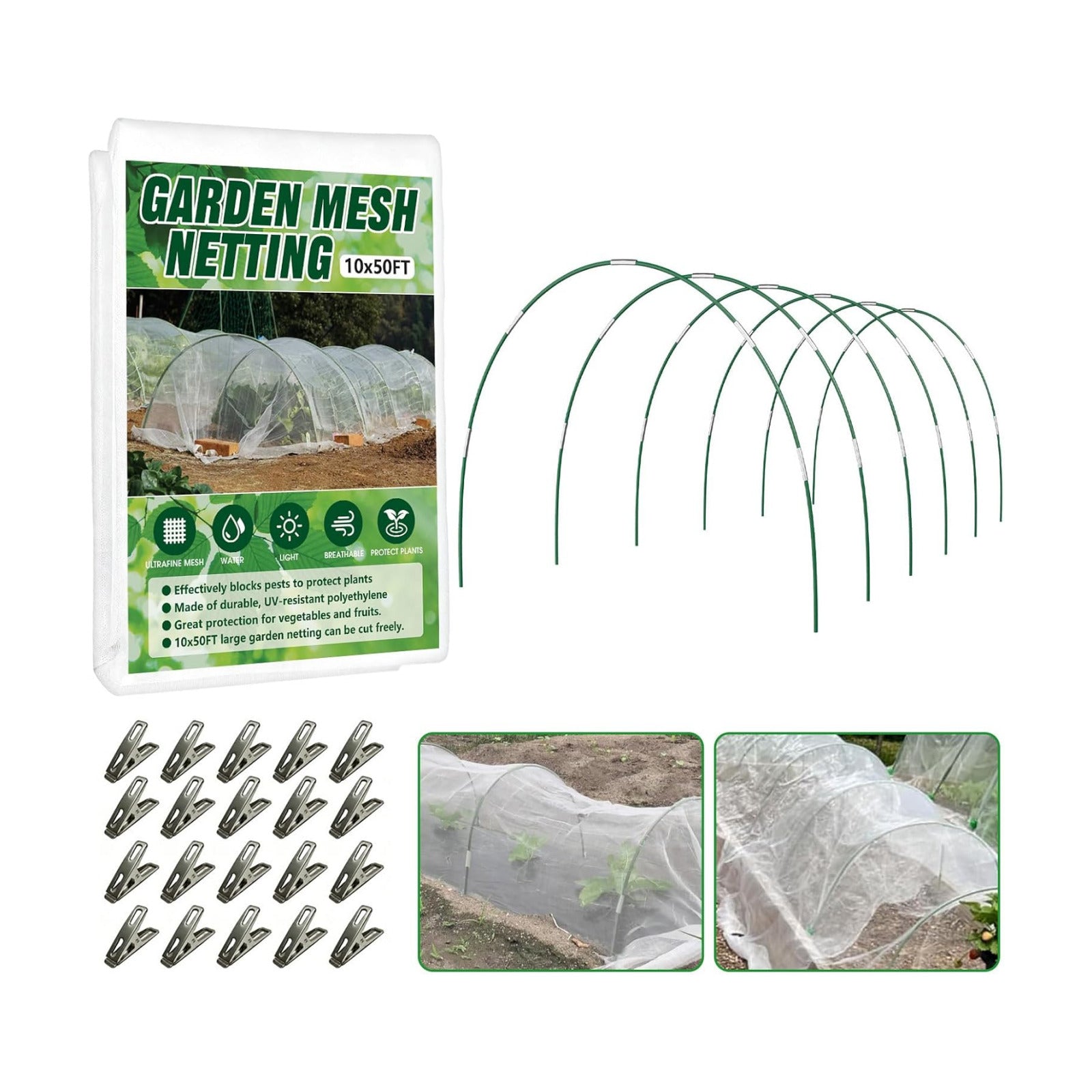 Garden Netting Kit for Raised Beds, 10x50FT Ultra Fine Mesh Netting ＆6 Sets Fiberglass Garden Hoops, Insect Netting for