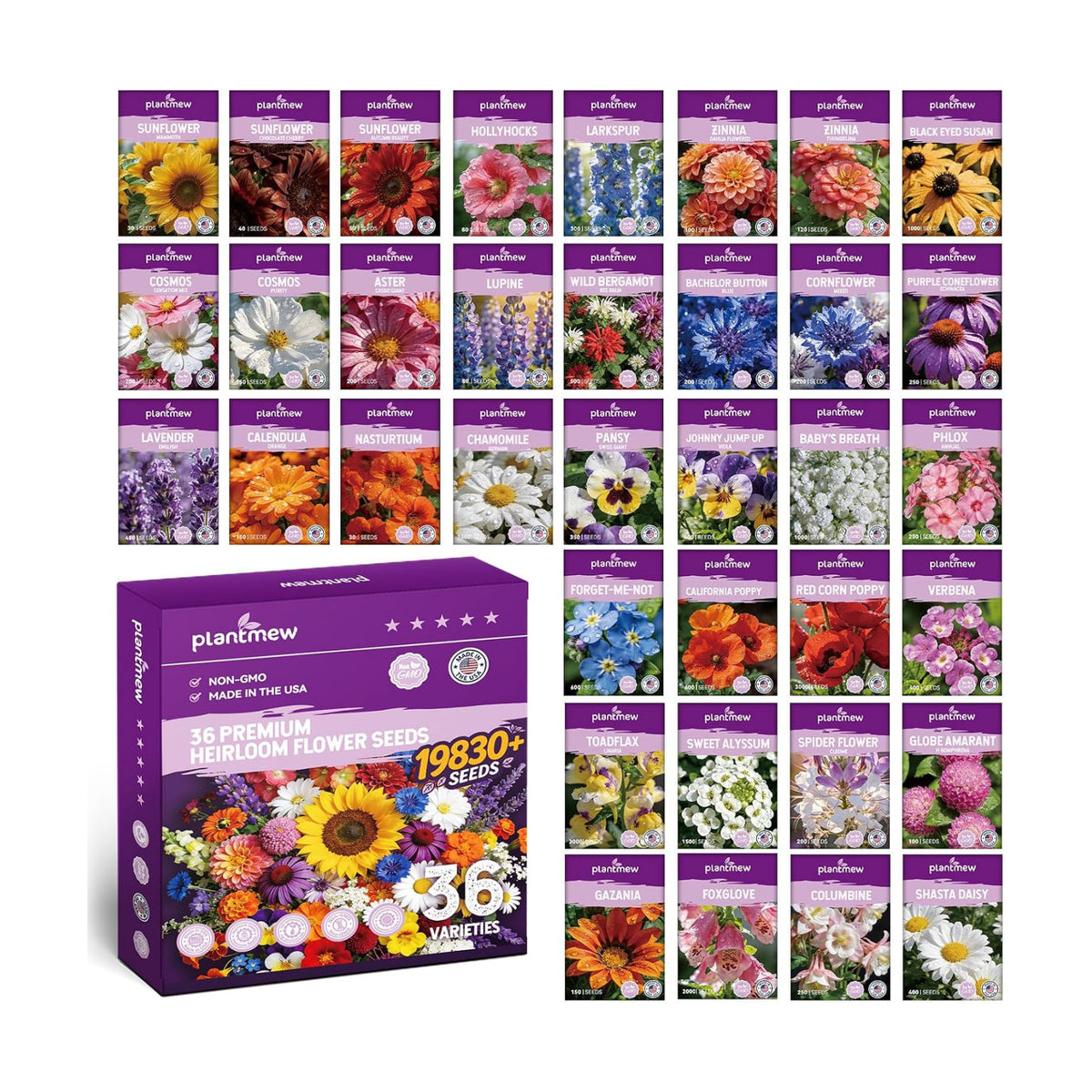 Wildflower Seeds Mix 1/2 lb, 19830+ Seeds Perennial& Annual 36 Varieties Flower Seeds for Planting，Non-GMO Heirloom