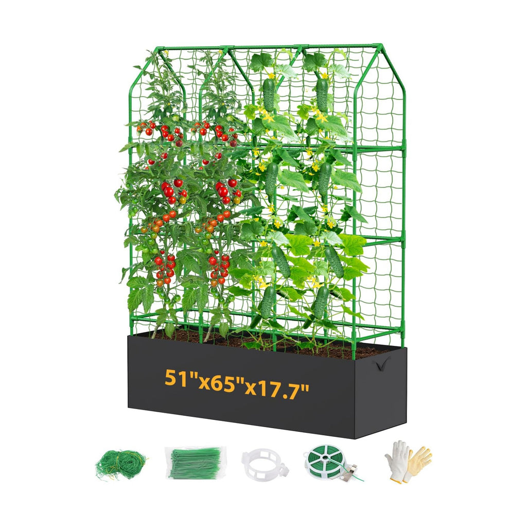 65" Cucumber Planter with Trellis for Climbing Plants Outdoor, Metal Garden Trellis for Raised Bed, Plant Support