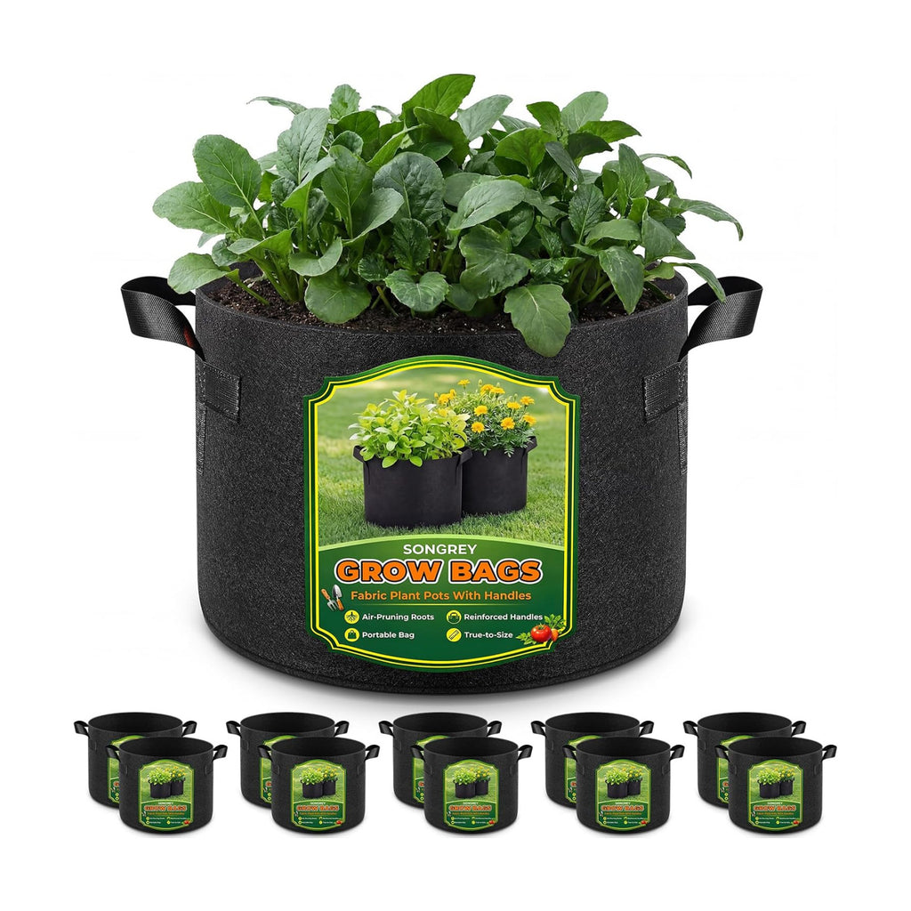 Songrey 10-Pack 10 Gallon Grow Bags | Thickened Nonwoven Fabric Pots, Outdoor Heavy Duty Garden Planters, Potato Grow