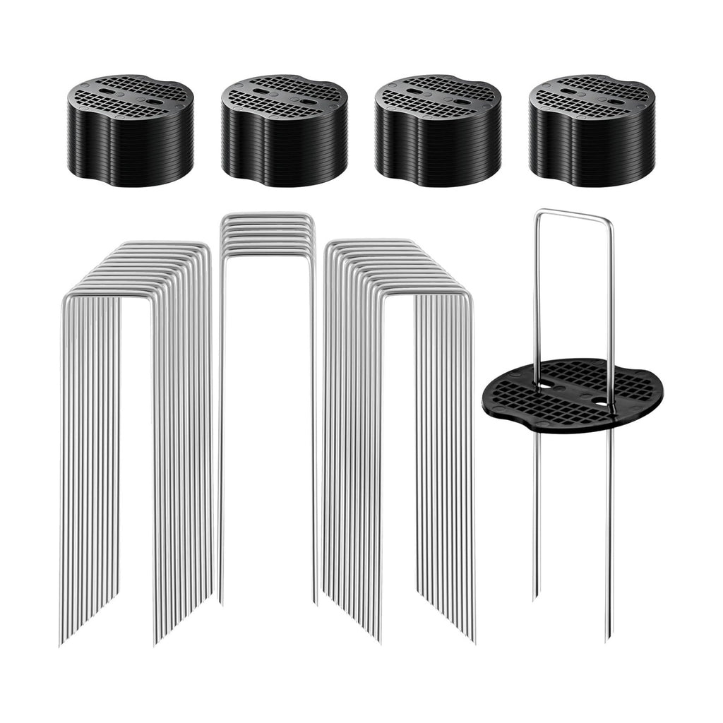 200Pcs Garden Stakes Staples Kit, 100Pcs 6 Inch U-Shaped Landscape Staples, 100Pcs Fixing Gasket for Weed Barrier