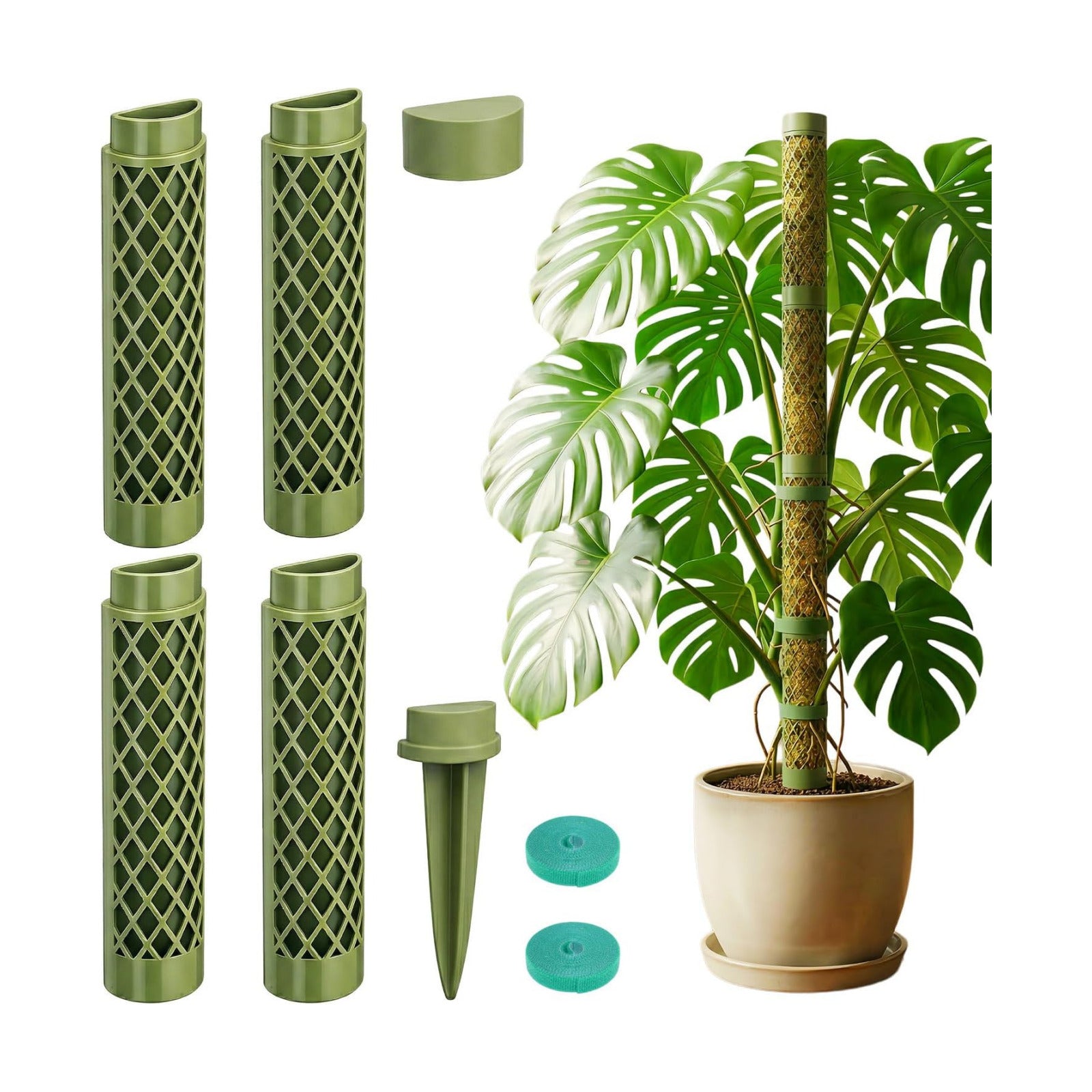Moss Pole Monstera Plant Support: 40" Stackable Kit for Climbing Vines | No-Rot D-shape Plastic Mesh Trellis Stakes