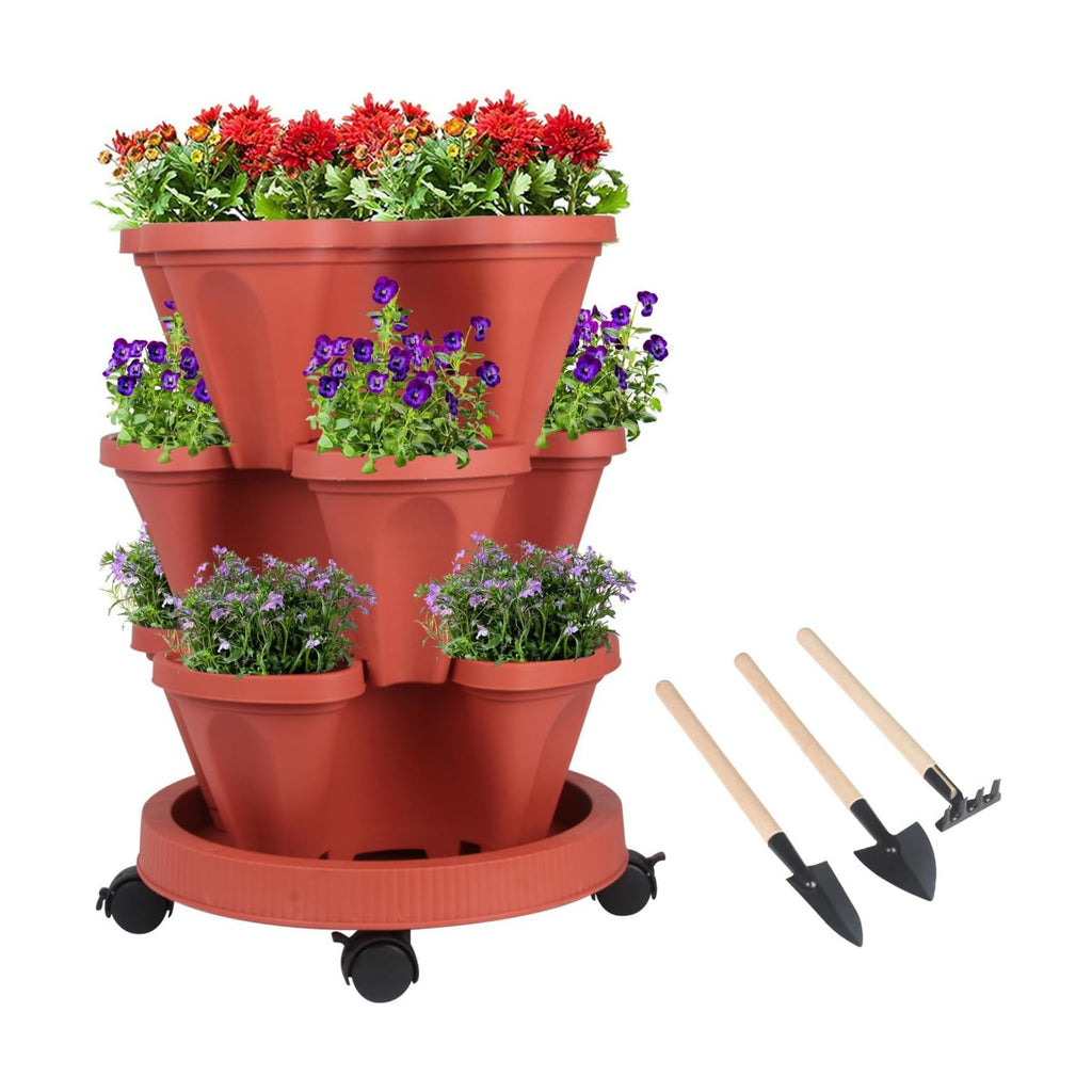 GameXcel Vertical Planter Tower- 3 Tier Stackable Garden Planter with Wheels and Tool Set – Grow Strawberries Herbs