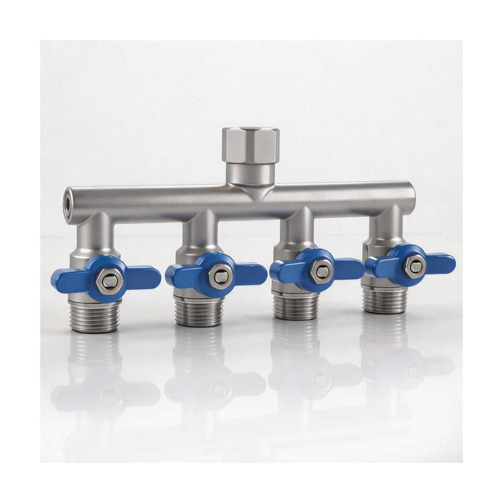 304 Stainless Steel Garden Hose Splitter 4 Way Heavy Duty, Full Flow T Valve Water Hose Splitter With 2.1" Extra Long