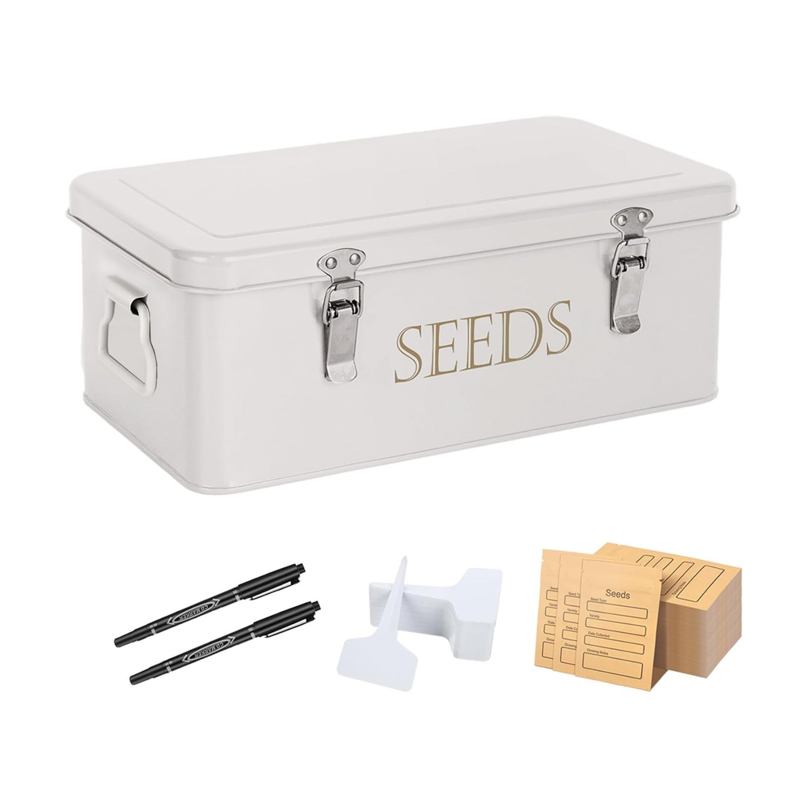 ECOPARK Seed Storage Box, Professional All-in-one Kit | with 2 Pens, 20 Plant Labels and 50 Seed Envelopes, Metal