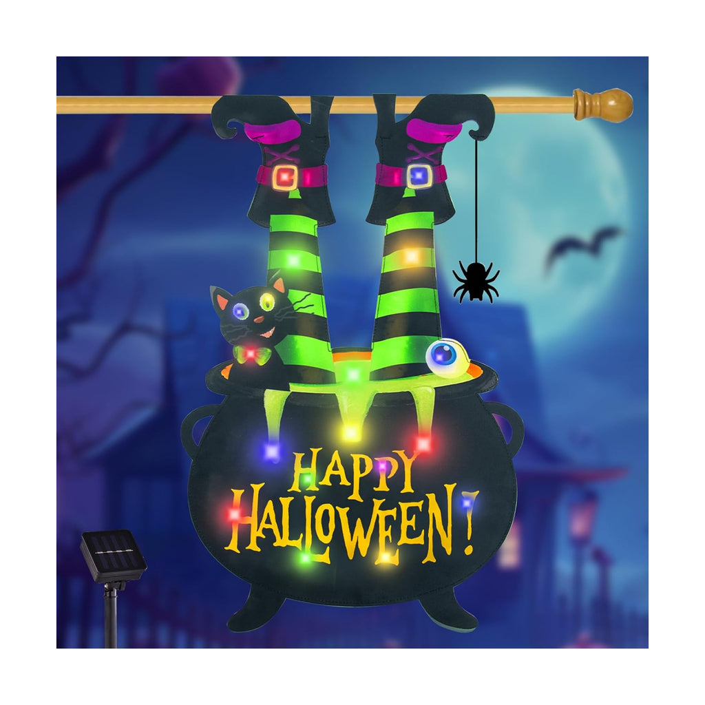 Halloween Lighted Garden Flag, Witch Feet Yard Decor, 28x40 In
