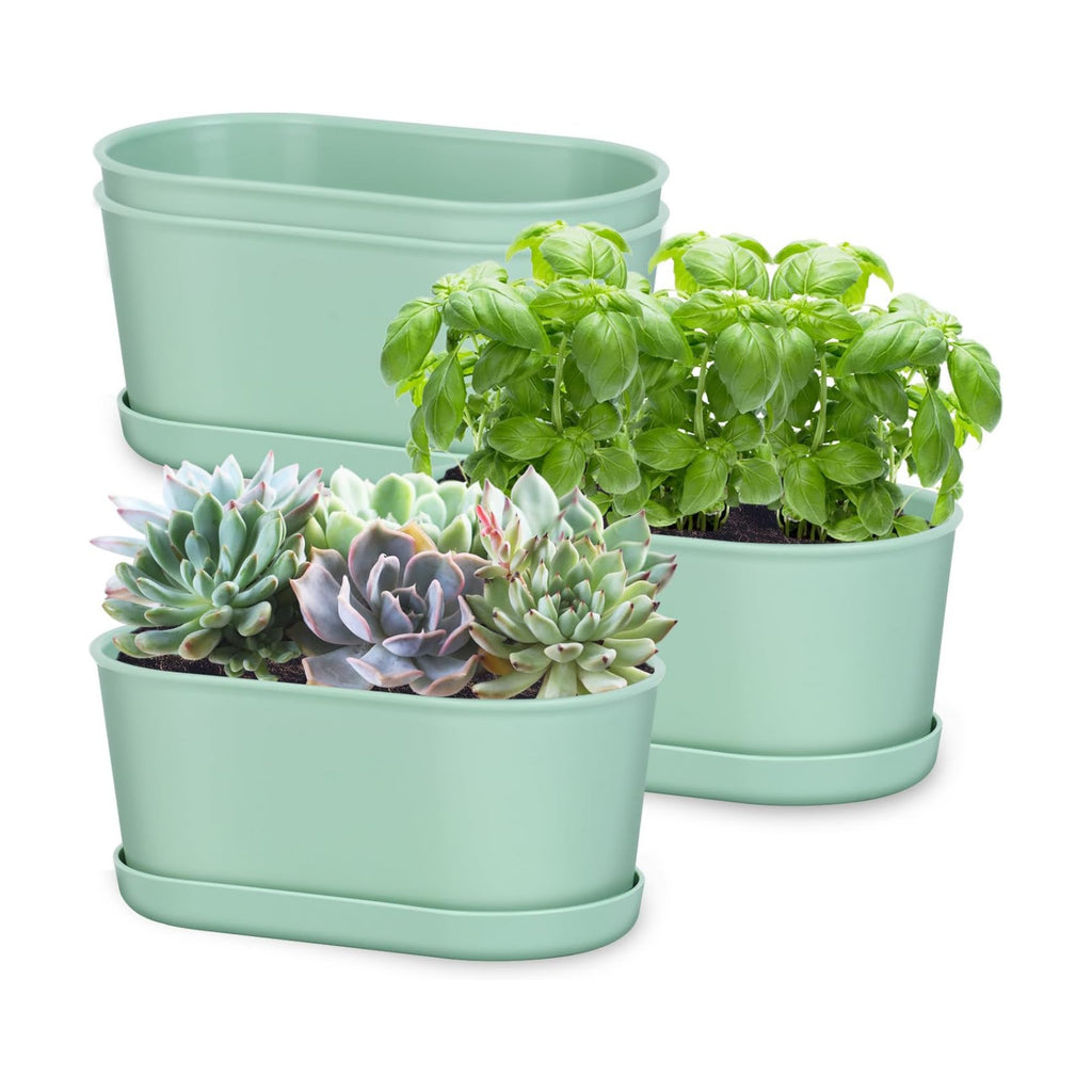 Oliz Set of 4 Green Oval Window Sill Planters with Drainage Holes and Trays（7 Inch） for Herbs Basil Orchids Succulents, Modern Herb Garden Planter for Indoor/Outdoor Plants