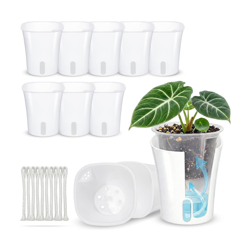 10 Pack 4" Self Watering Small White Plant Pots for Indoor Plants, Clear Inner Cup, Water Level Indicator, Drainage