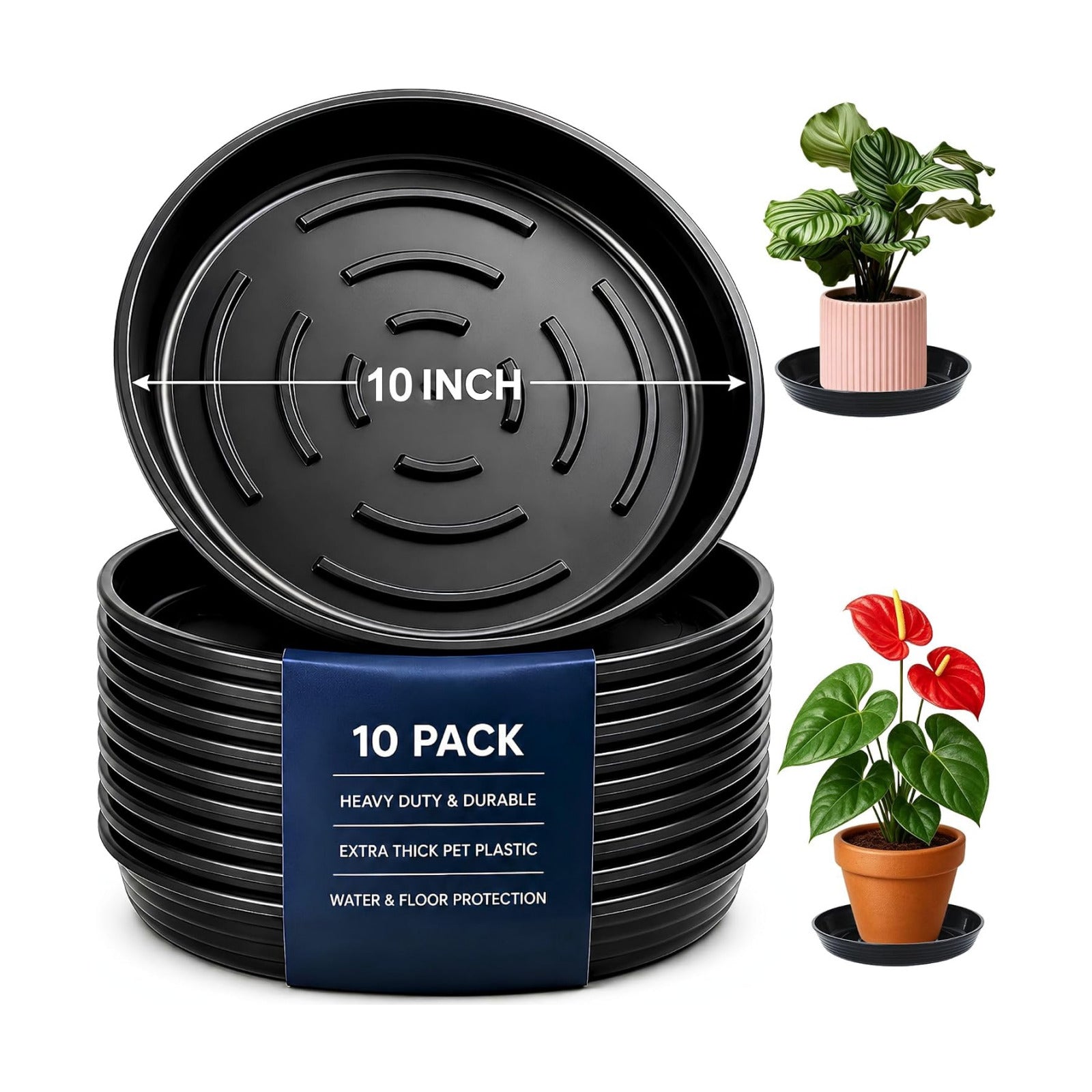 10Pack Plant Saucer 9 inch, Heavy Duty Flower Pot Saucers, Plant Pot Saucers Bulk, 1.5'' Deeper Plant Trays for Pots