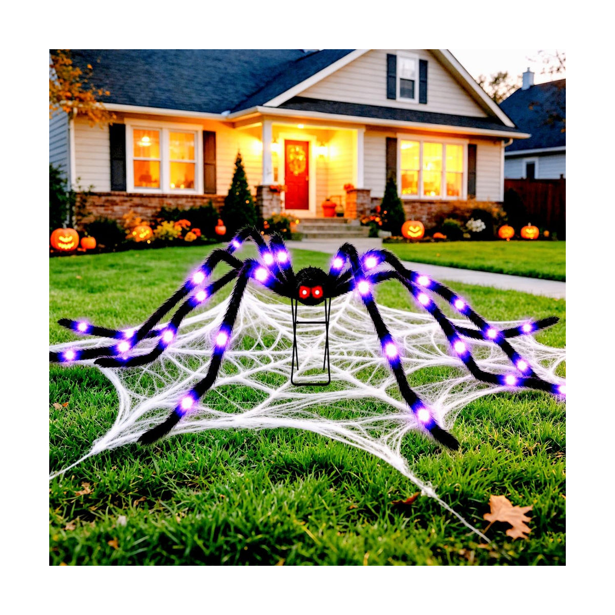 Giant 6.7 FT(Wide) Light-Up Halloween Spider with 9'' Metal Stand, 28 Eerie Purple LED Lights & 8 Modes, Large Spooky Spider Outdoor Decorations for Yard, Lawn, Porch, Haunted House Theme Party