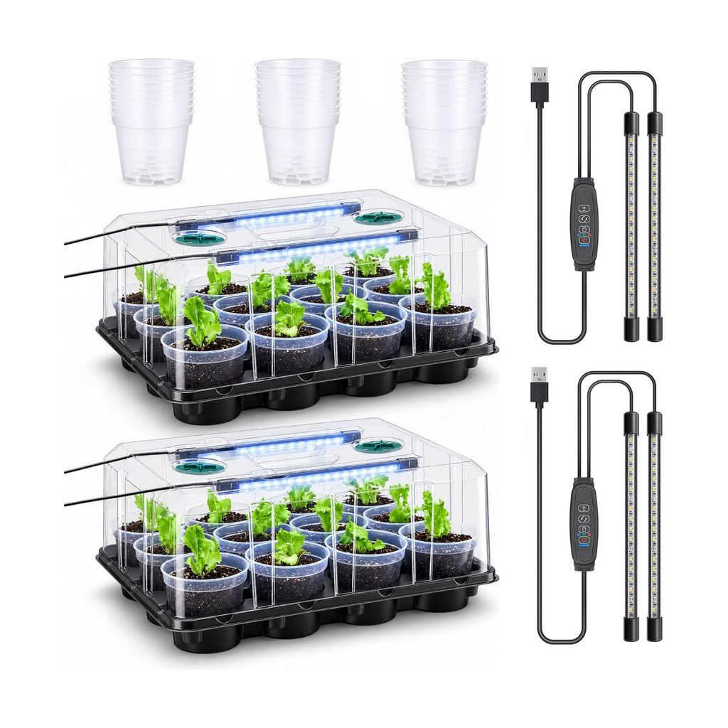 4 Inch Seed Starter Trays 2 Pack, 12-Cell | With Grow Light, Humidity Dome, 24 Pcs 4" Nursery Pots, Plastic Germination