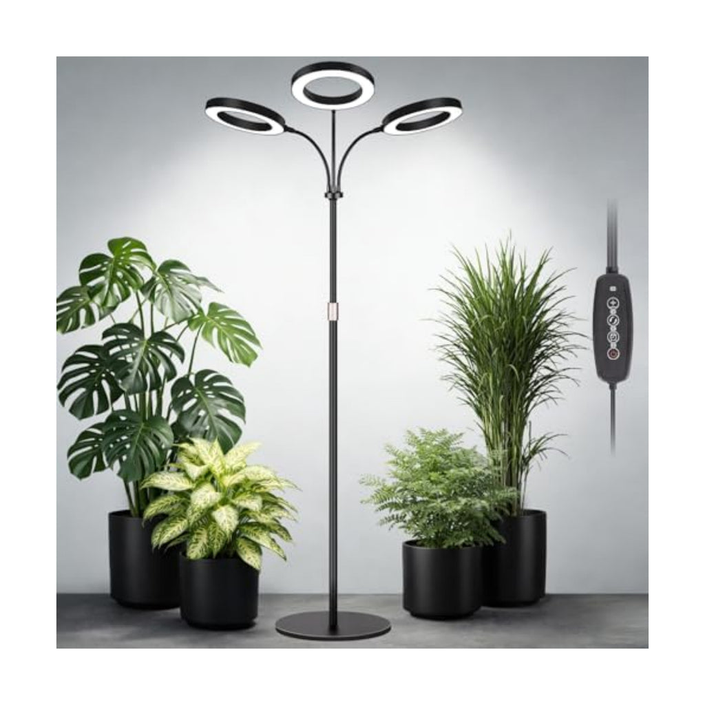 LBW 3-Head Grow Light with Stand for Indoor Plants, Full Spectrum Grow Light for Tall Large Plants, Adjustable Height up to 68", Auto Cycle Timer 6/8/12/16H, 5-Level Dimming, 3 Lighting Modes, Black