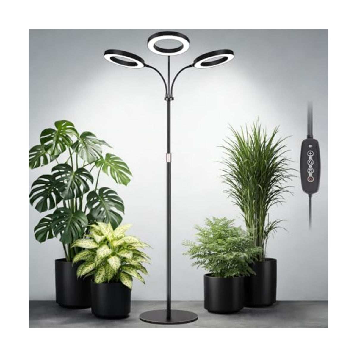 LBW 3-Head Grow Light with Stand for Indoor Plants, Full Spectrum Grow Light for Tall Large Plants, Adjustable Height up to 68", Auto Cycle Timer 6/8/12/16H, 5-Level Dimming, 3 Lighting Modes, Black