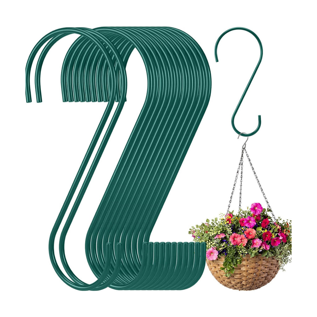 24 Pack 12 Inch Large S Hooks for Hanging Plants, Heavy Duty Green Metal Hangers for Pergola Garage Organization Bird