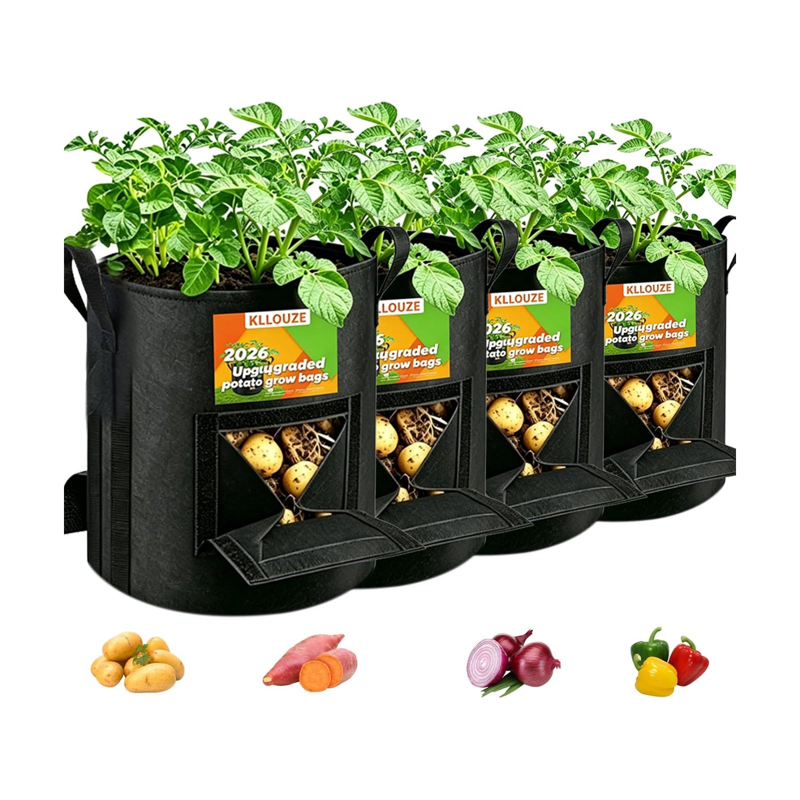 Potato Grow Bags 15 Gallon with Harvest & Visible Window (4, Black, 15 Gallon)