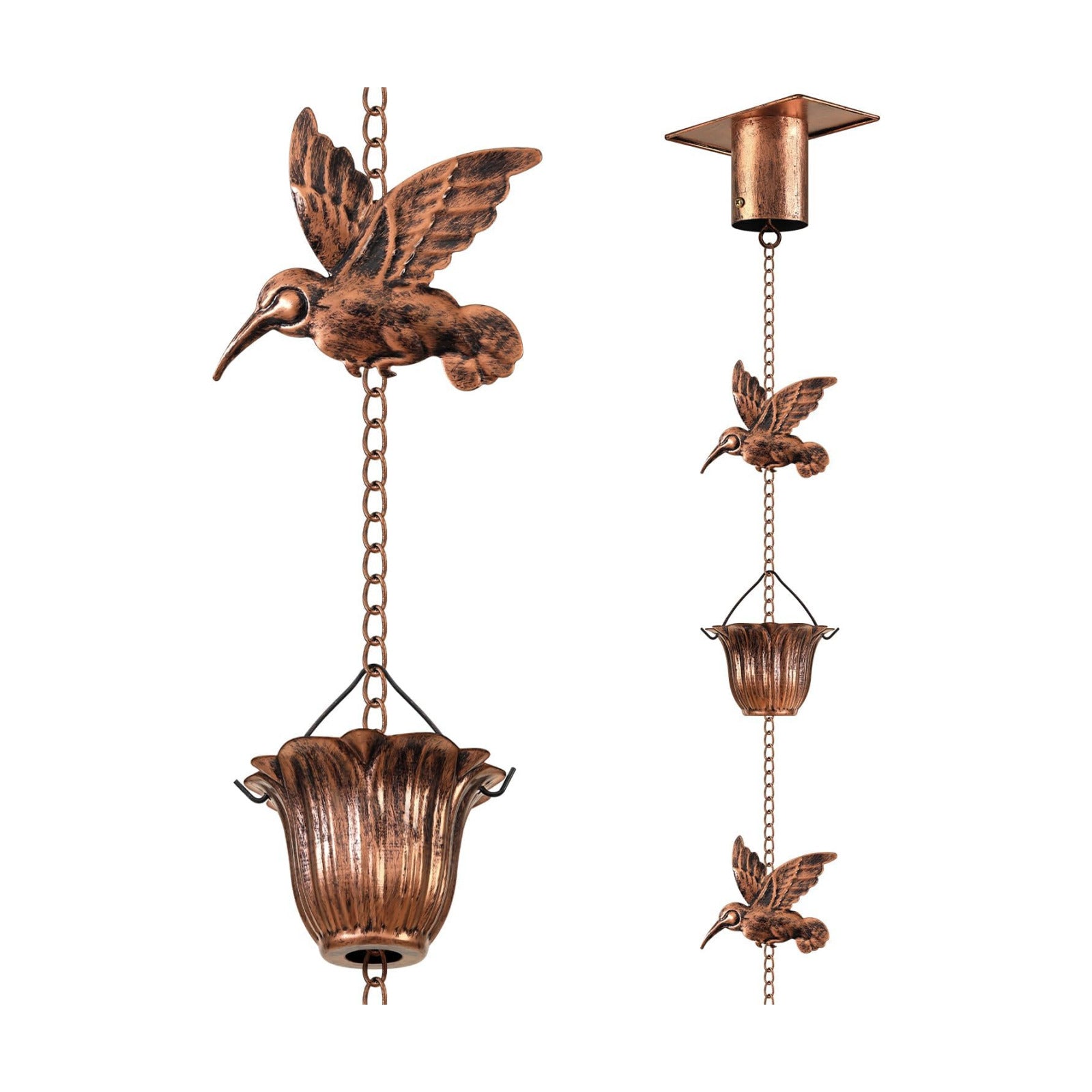 Rain Chains for Gutters Outside Copper with Adapter 8.5FT | 6 Hummingbirds and 6 Flower Cups,Rain Catcher Chain for