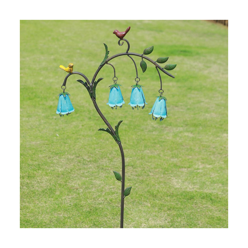 44.3"H Metal Decorative Garden Stake with Blue Bell Flowers & Birds | Metal Yard Art for Outdoor Yard Decor, Rustic