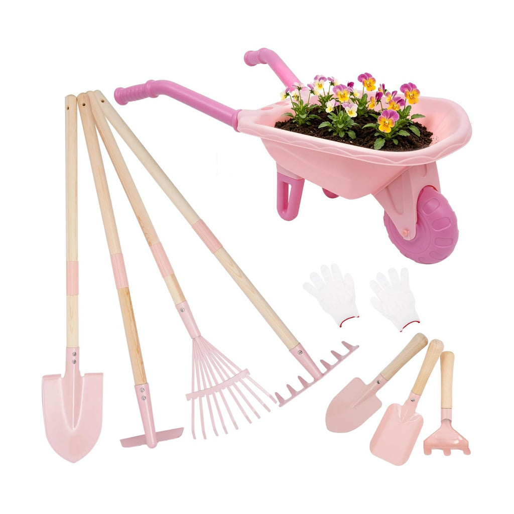 Kids Gardening Set with Wheelbarrow Birthday Gifts | Metal Kid Gardening Tools Set with Long Handle Tool, Hand Tool &