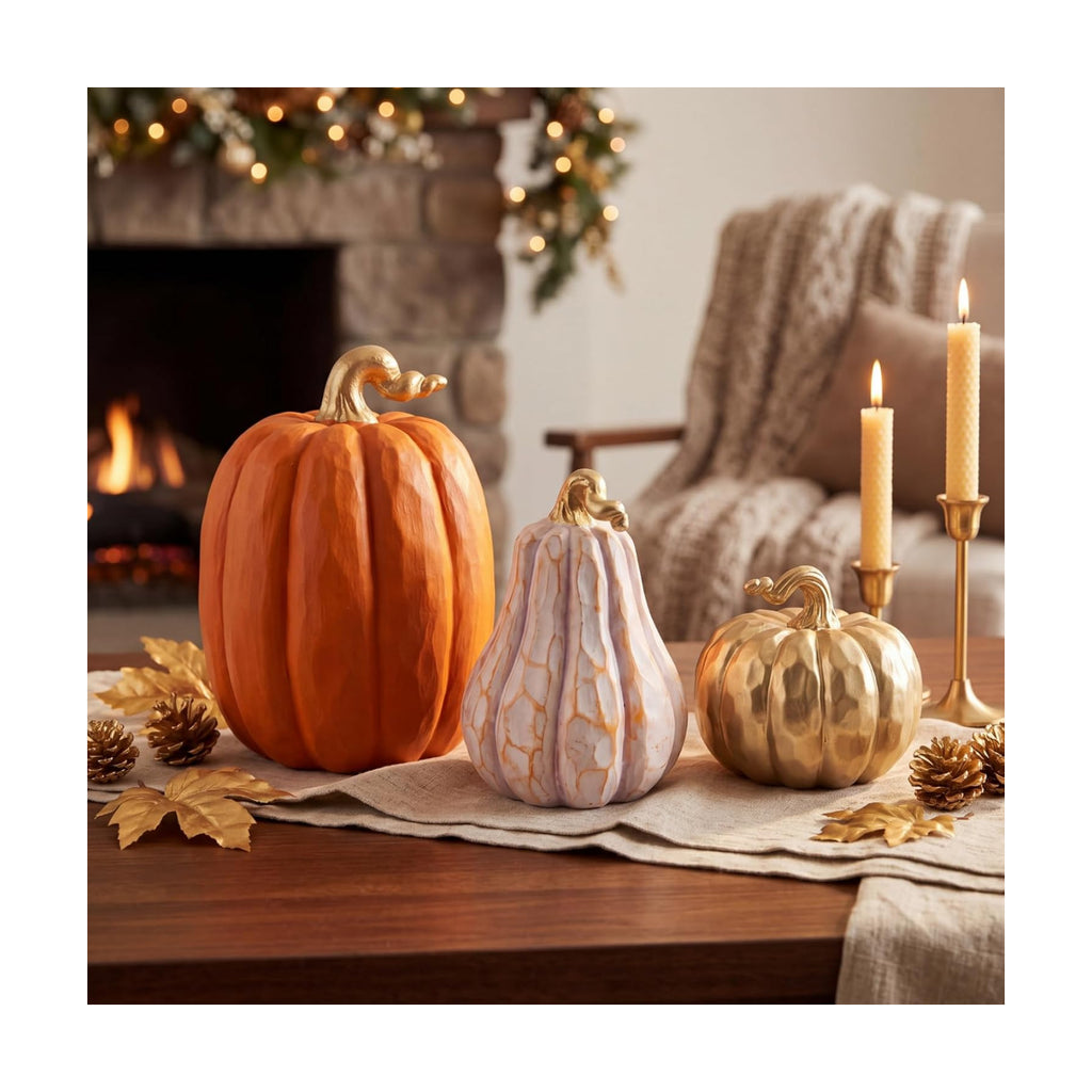 VioraWhite 3 Pack Fall Pumpkin Decor White and Gold Resin Pumpkin Statues