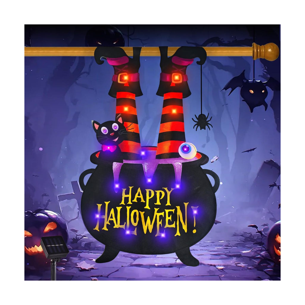 Halloween Lighted Garden Flag, Witch Feet Yard Decor, 28x40 In