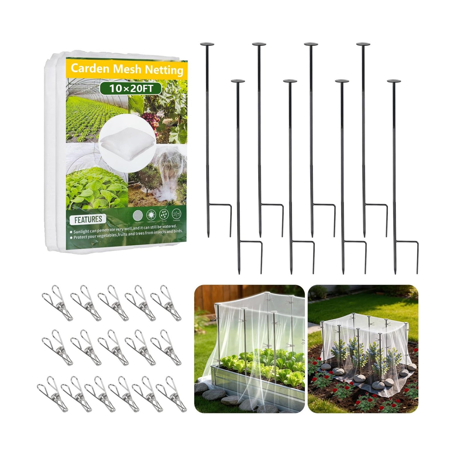 8 Pack 2.7ft Metal Garden Netting Covers Kit for Raised Beds | Includes Sturdy Outdoor Garden Stake Netting Support