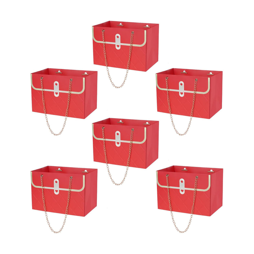 baotongle 6pcs Flower Paper Gift Box Bouquet Storage Bucket Handbag with Metal Chain Flower Boxes for Arrangements Wedding Mother's Day Birthday Bridal Shower (Red)