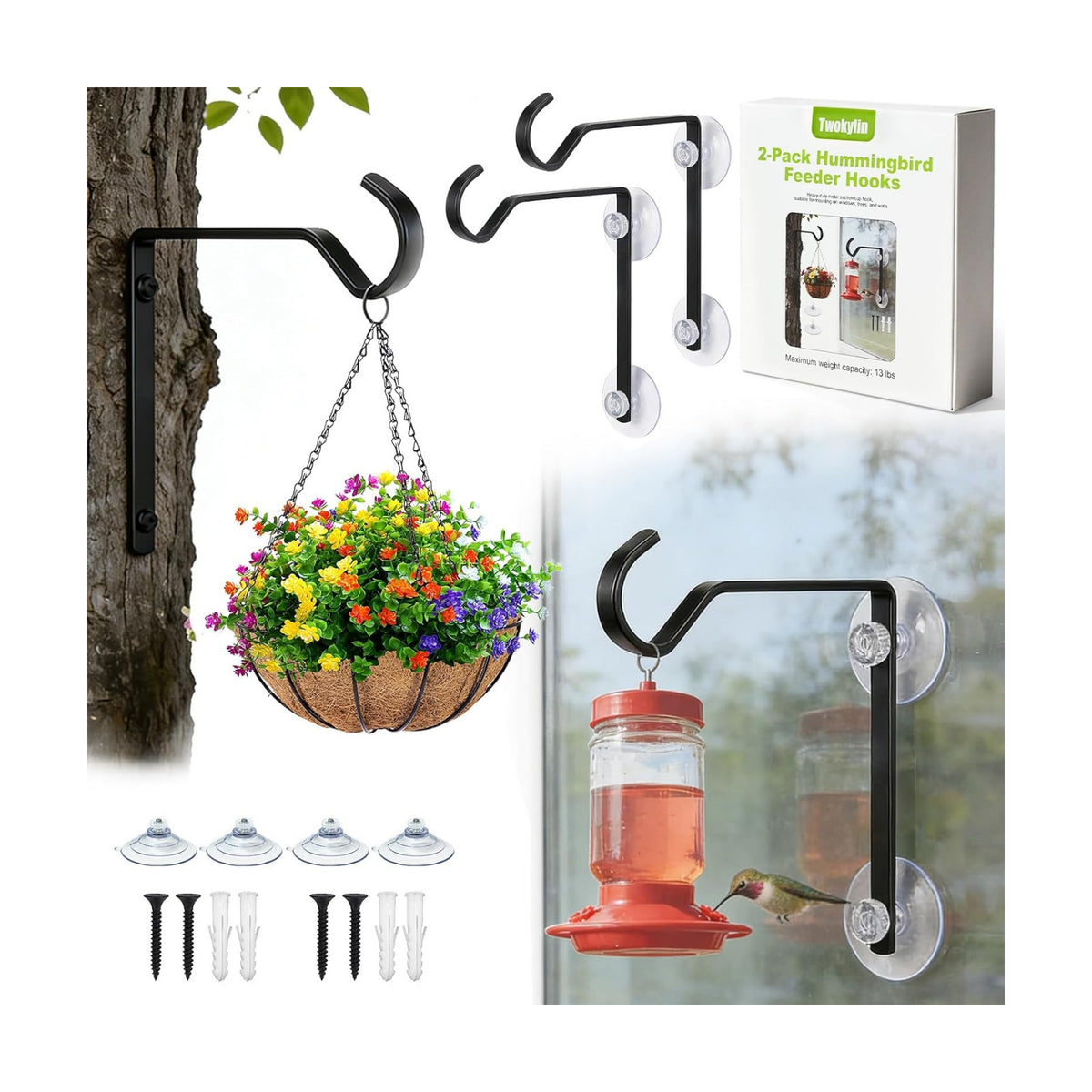 2 Pack Heavy Duty Window Bird Feeder Hooks Suction & Screw Mount