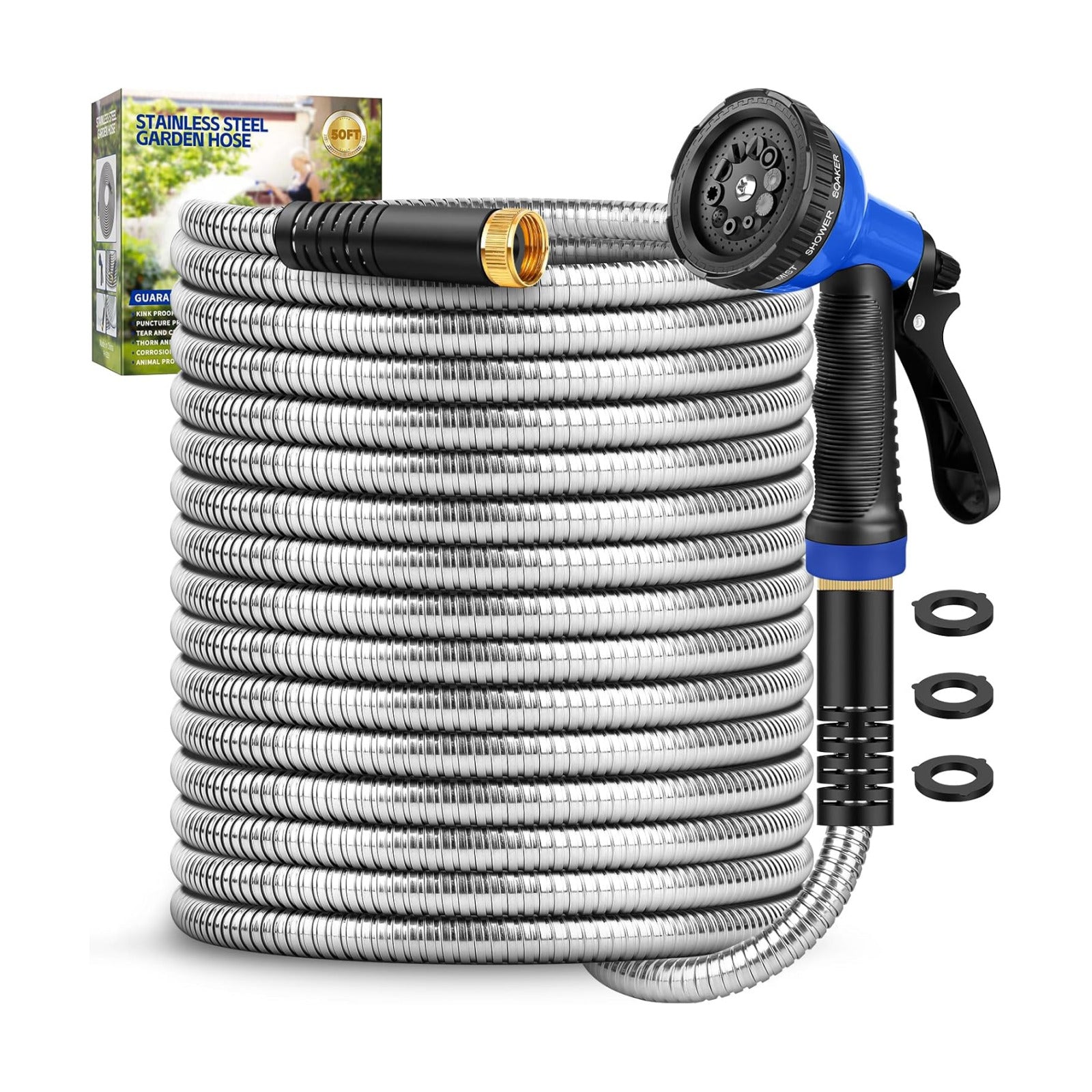 Garden Hose 50ft, Stainless Steel Metal Hose with 10 Function Nozzles | Flexible Water Hose , Kink Free