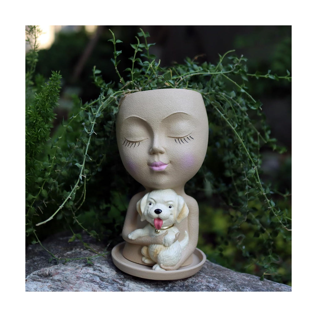 Dolkgy Cute Face Planter with Dog Head Planters Pot for Indoor Outdoor Plants, Succulent Flower Pot with Drainage Tray