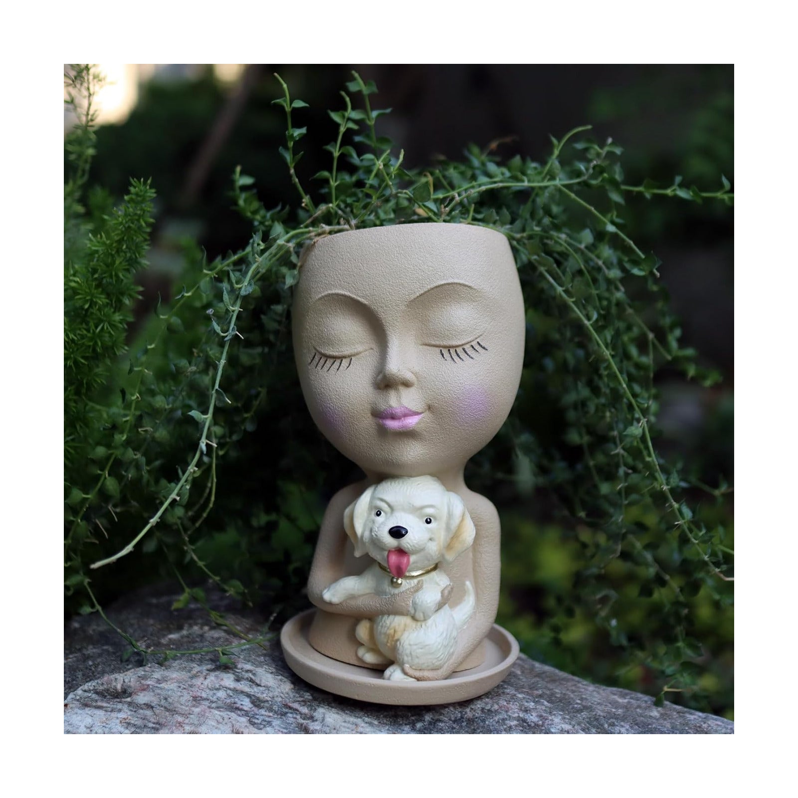 Dolkgy Cute Face Planter with Dog Head Planters Pot for Indoor Outdoor Plants, Succulent Flower Pot with Drainage Tray