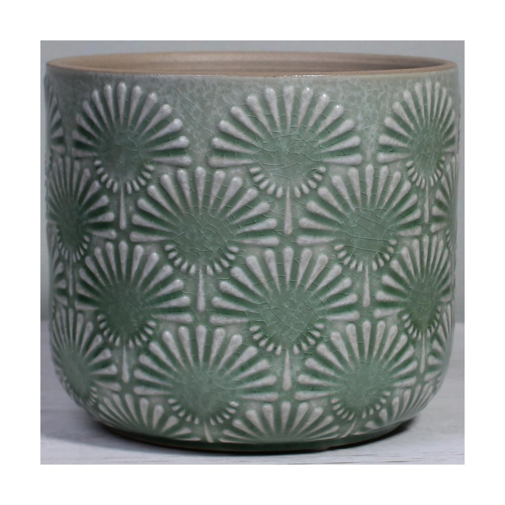 Boho Ceramic Flower Pot, 6.7" Contemporary Pots for Indoor Outdoor Plants | Decorative Glazed Embossed Fan Textured