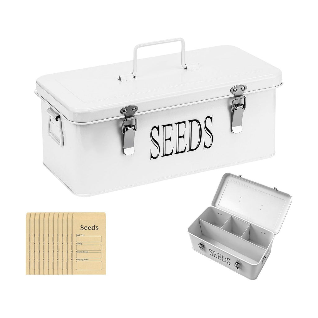 Premium Seed Organizer Box with Internal Compartments and Divider Tabs. (White)