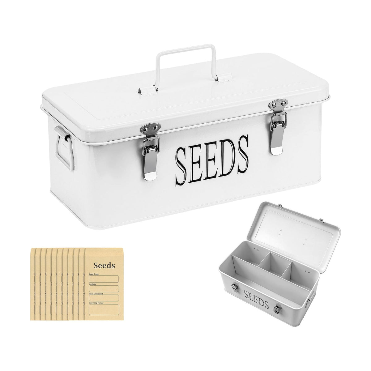 Premium Seed Organizer Box with Internal Compartments and Divider Tabs. (White)
