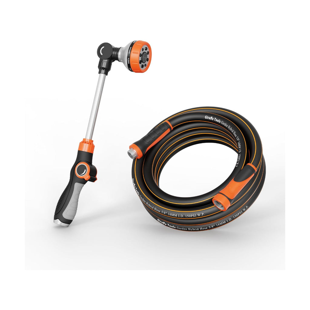 Giraffe Tools Garden Hose 5/8", 25ft Watering Wand Set | Water Hose Heavy Duty, Flexible, Lightweight Hybrid Hose with