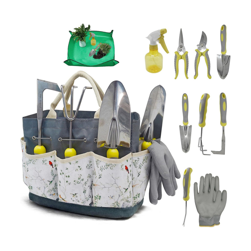 11-Piece Stainless Steel Gardening Tool Set with Floral Tote Bag | Includes 7 hand tools, gloves, spray bottle and
