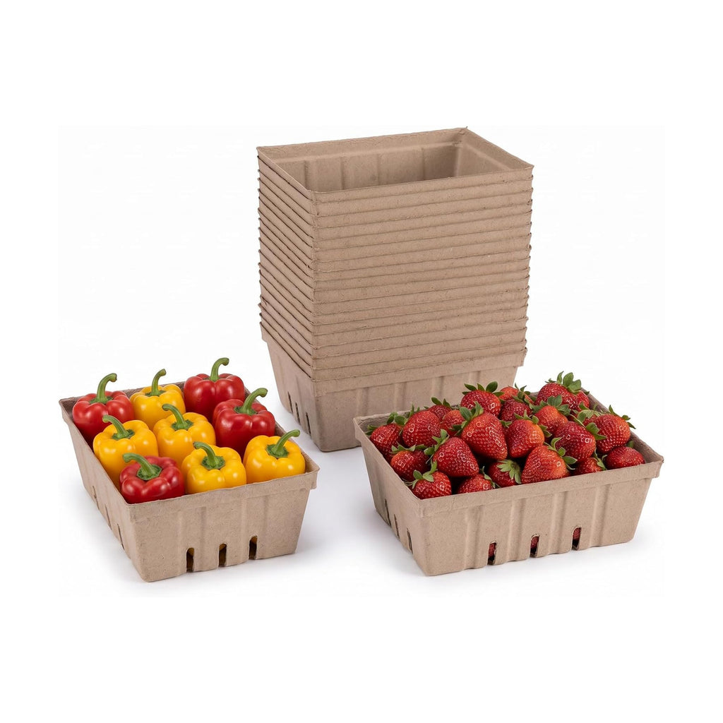 Natural Pulp Fiber Berry Baskets, 20 Pack 1-Quart (2 Pint) Large Vented Produce Containers for Fruits, Veggies &