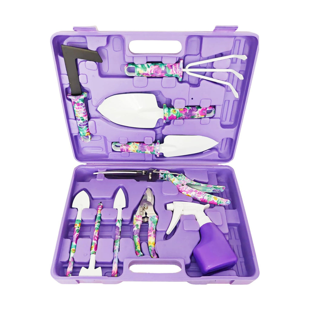 Garden Tools Set, 10 Piece Kit with Trowels, Pruners, Spray Bottle, and Carrying Case (Purple)