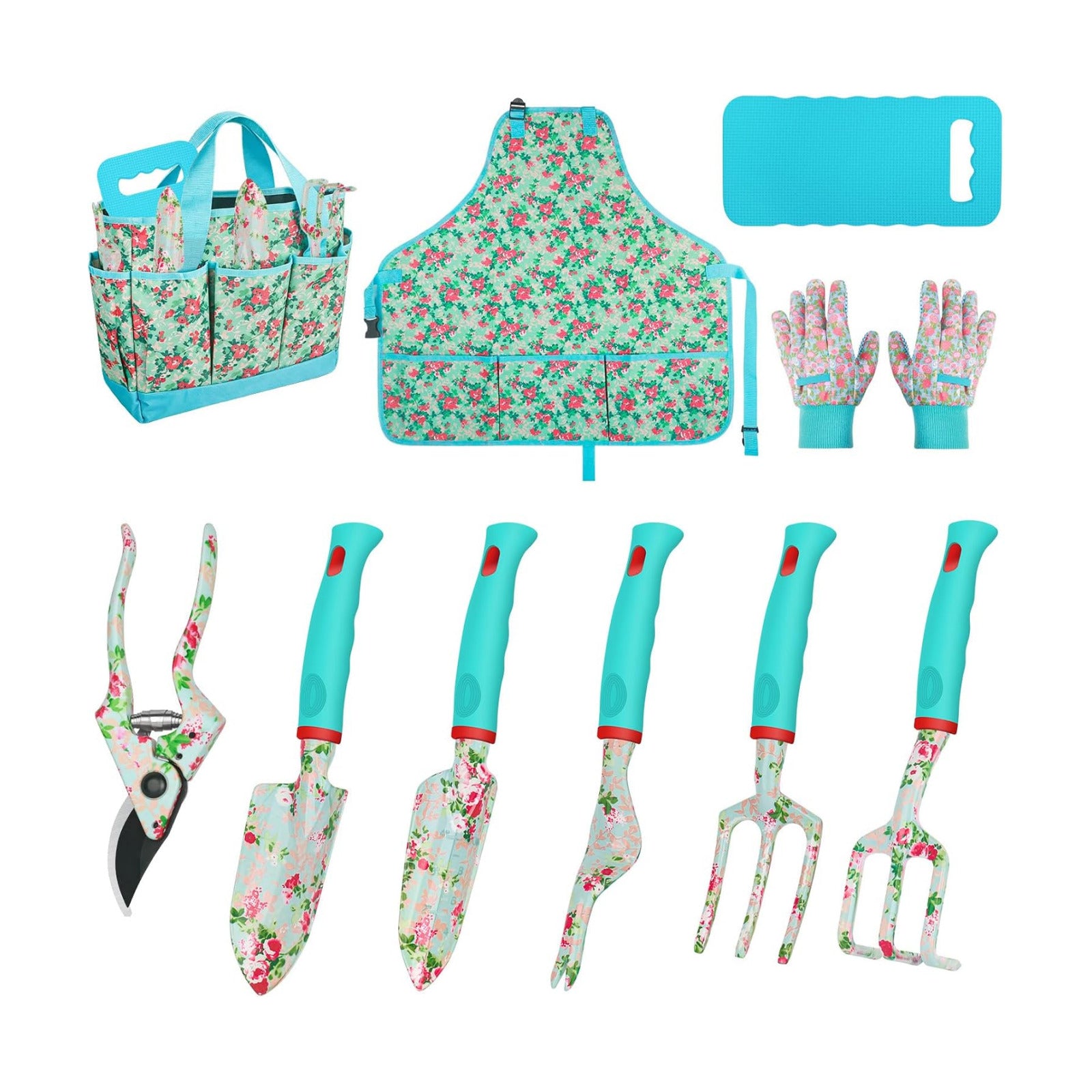 Garden Tools 10 Pack Floral Pattern Garden Tool Set with Tote Bag, Rust-Proof Aluminum Gardening Tools Set, Heavy Duty