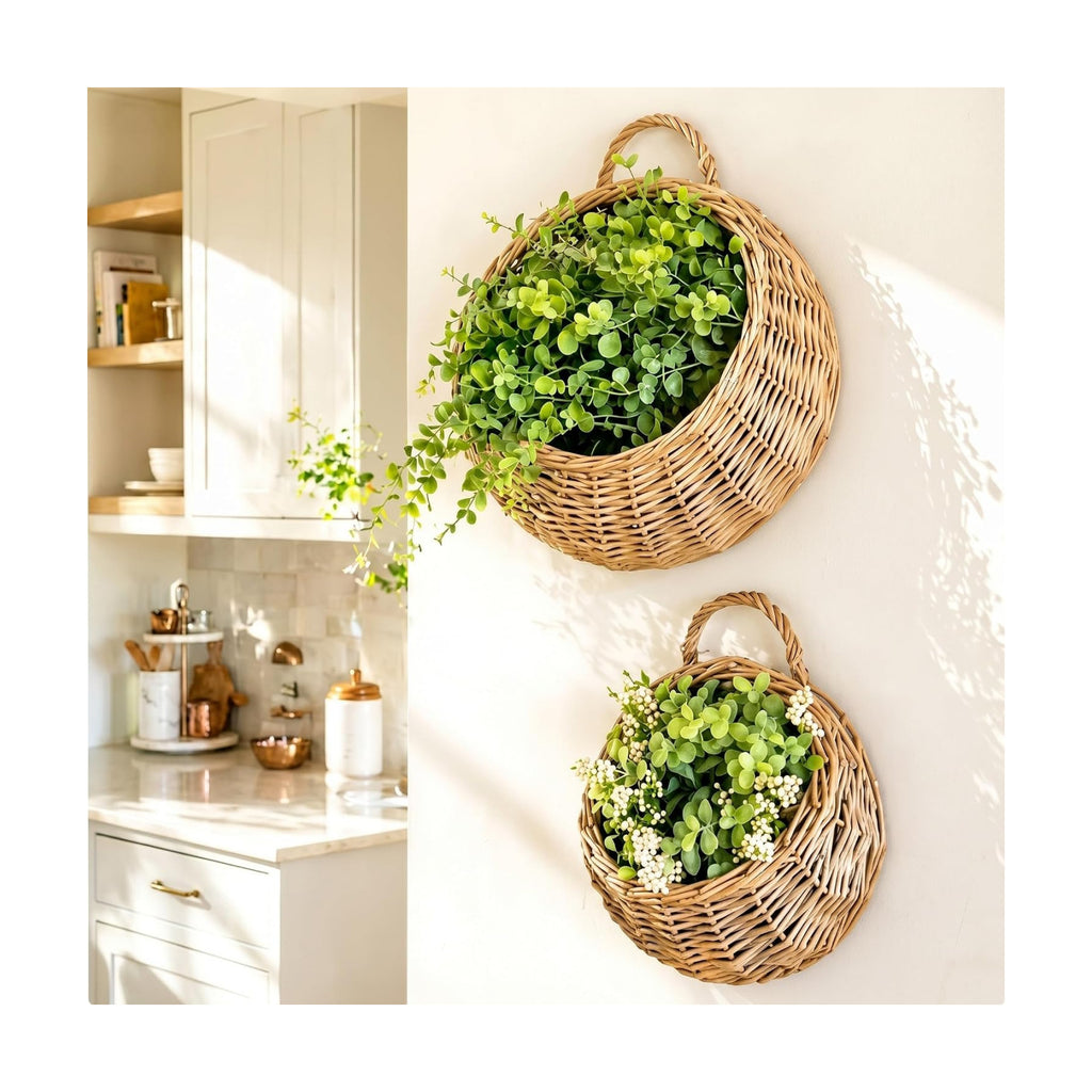 Chumia 2 Pack Wicker Hanging Basket 14" and 8" Handmade Woven Wall Hanging Basket for Plant Decorative Boho Mounted