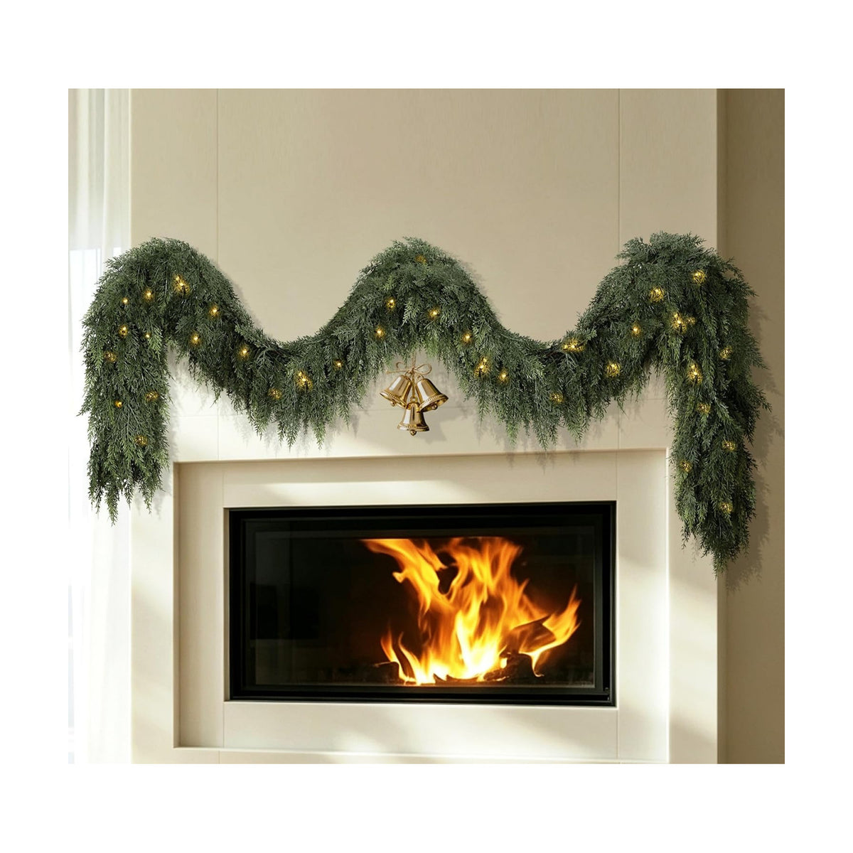 9FT Realistic Christmas Cedar Garland for Mantel, Soft Touch with Lights