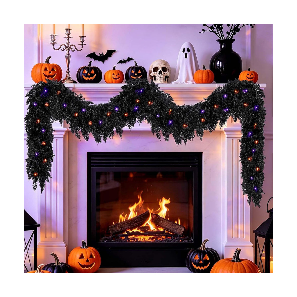 9ft Black Halloween Cedar Garland for Mantle, Soft Touch with Purple Lights