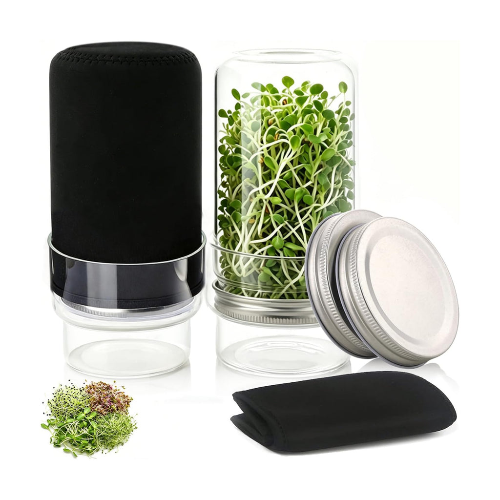 Sprouting Kit, 2 Wide Mouth Sprouting Jar with Stainless Steel Screen Sprout Lids, Blackout Sleeves, Drain Cover