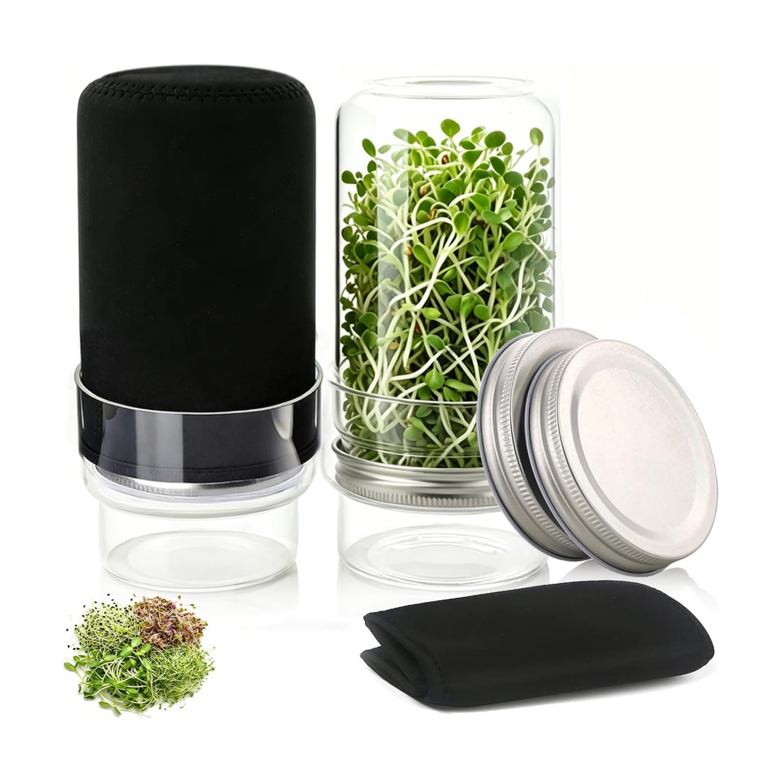 Sprouting Kit, 2 Wide Mouth Sprouting Jar with Stainless Steel Screen Sprout Lids, Blackout Sleeves, Drain Cover