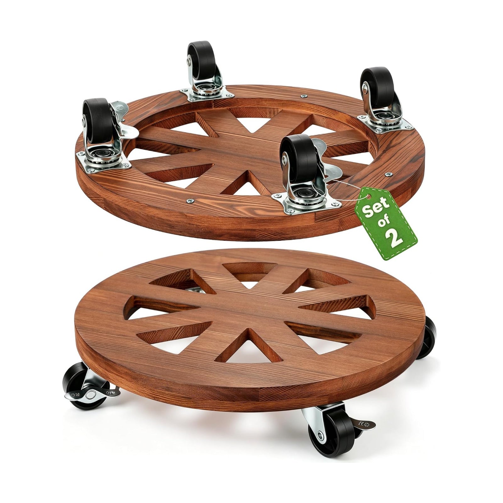 JVD 2 Pack Plant Caddy with Wheels 12'' Wood Rolling Plant Stand Outdoor Brown | Plant Stand 360° Lockable Wheels Heavy