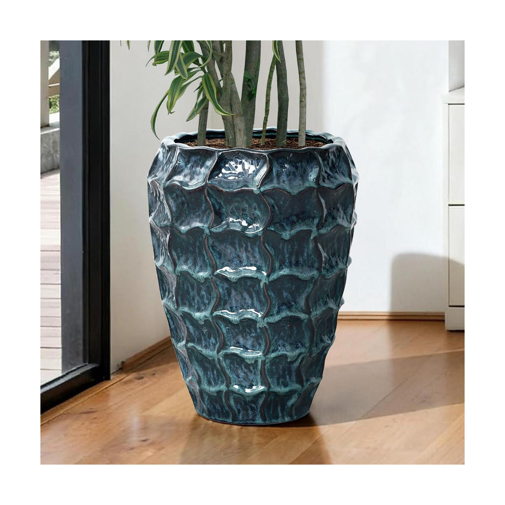 LuxenHome 17.7" Blue Ceramic Plant Pot, Tall Planter with Geometric Texture | Large Plant Pot, Flower Pots with